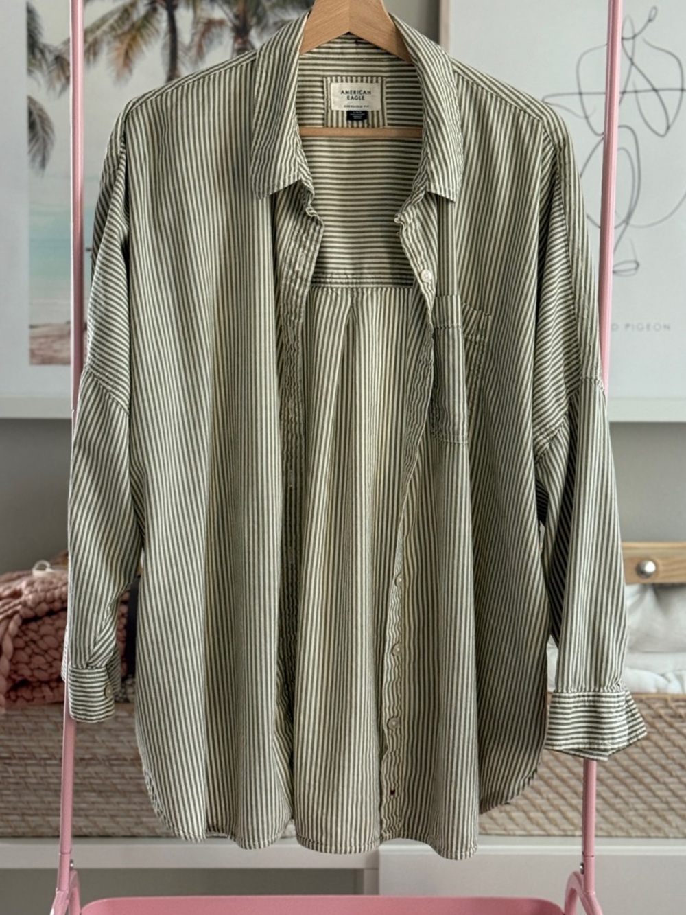 American Eagle Green Striped Oversized Button Down Shirt | Size Large